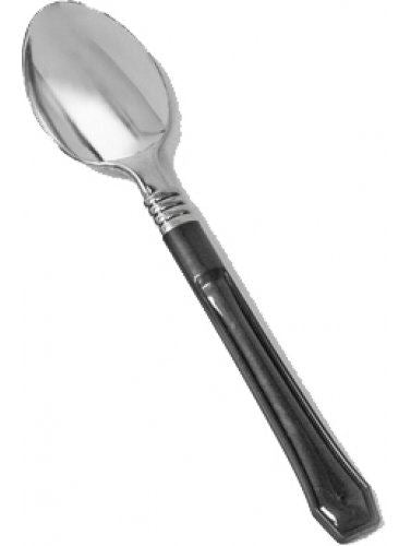 12 DISPOSABLE SILVER LOOK PLASTIC CUTLERY WITH BLACK HANDLE SPOONS. PLS12BH \\\PLS12BH