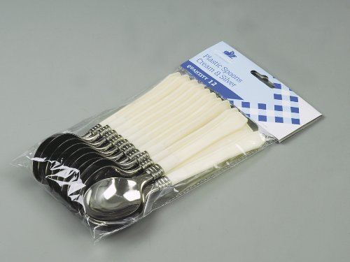 CREAM AND SILVER LUXURY RANGE PLASTIC CUTLERY SPOONS - PACK OF 12. PLS12CH \\\PLS12CH