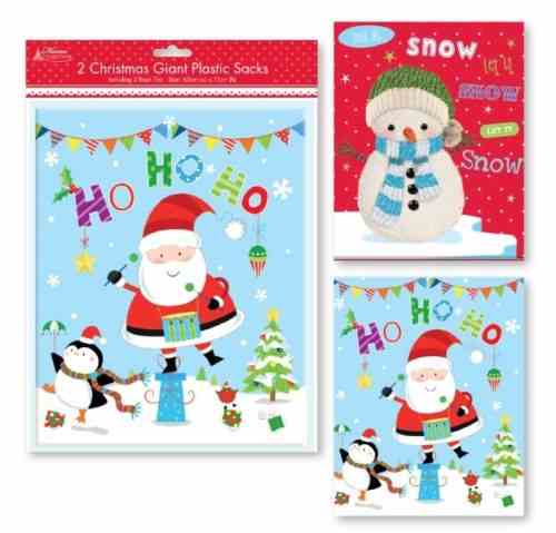 2 GIANT PLASTIC CHRISTMAS SANTA SACKS INCLUDING 62XM X 75CM WITH ROPE. XALGZ216 \\\SAPS