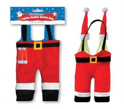 NOVELTY SANTA SUITE DESIGN DOUBLE BOTTLE BAG WITH 2 FUN BOTTLE TOPPERS  (SBDT) ( DP54171 ). SBTL \\\SBTL