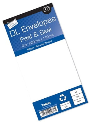 TALLON WHITE ENVELOPES- DL - 25PK - PEAL SEAL. 4676 \\\T4676
