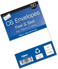 TALLON WHITE ENVELOPES - C6 - 50PK - PEAL SEAL. T4678 \\\T4678