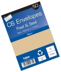 TALLON MANILA ENVELOPES - C6 - 50PK - PEAL SEAL. T4679 \\\T4679