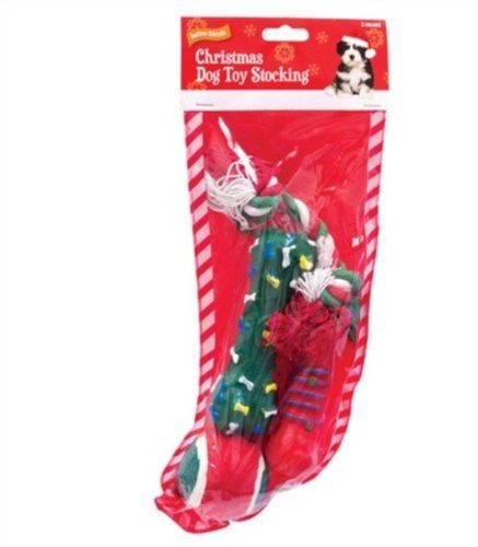 CHRISTMAS XMAS DOG PET TOY STOCKING WITH SQUEAKY BONE ROPE TOY BALL. Z98488 \\\Z98488
