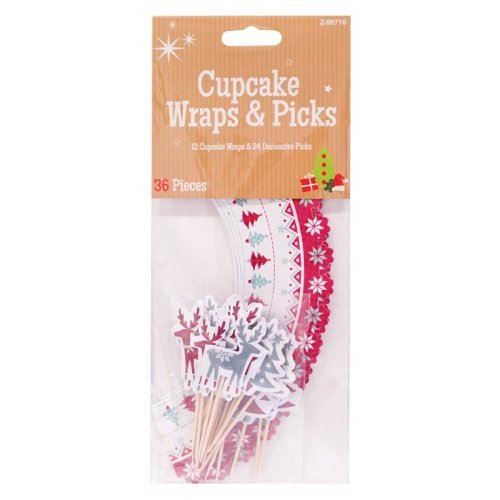 CHRISTMAS PARTY 36 CUPCAKE WRAPS TOPPERS KIT - 24 REINDEER XMAS TREE DESIGN TOPPERS / PICKS 12 REIND. Z98716REN \\\Z98716REN