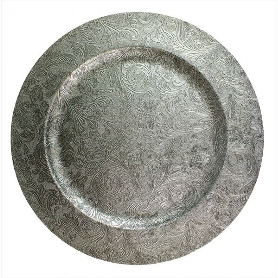 HARVEY & MASON EMBOSSED SILVER FLORAL DESIGN CHARGER PLATES 33CM. XM4495