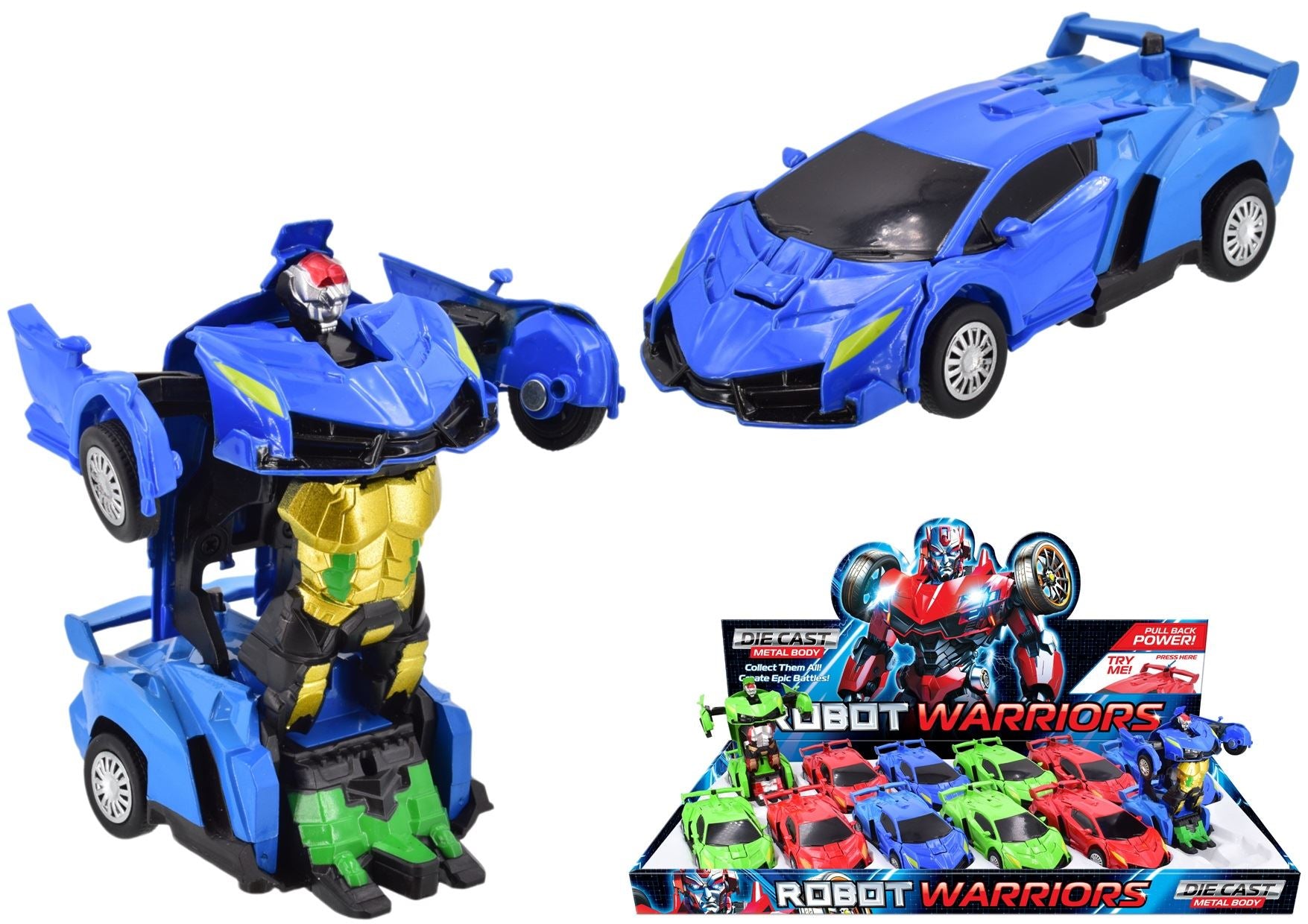 ASSORTED COLOUR PULL BACK DIECAST TRANSFORMING ROBOT WARRIOR CAR. TY2091