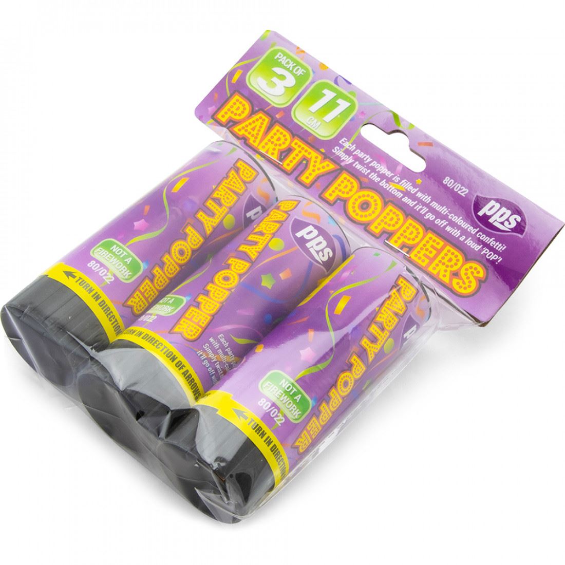 PPS COLOUR CONFETTI CANNON PARTY POPPERS 11CM 3/PK. PPS80022