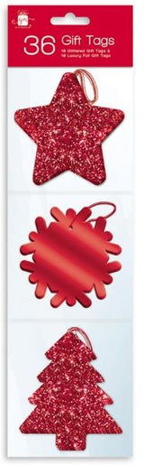 36 RED GLITTER / FOIL FINISH GIFT TAGS 3 DESIGN WITH THREAD. XAJGT200R 501004R