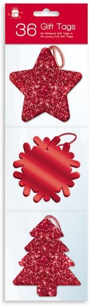 36 RED GLITTER / FOIL FINISH GIFT TAGS 3 DESIGN WITH THREAD. XAJGT200R 501004R