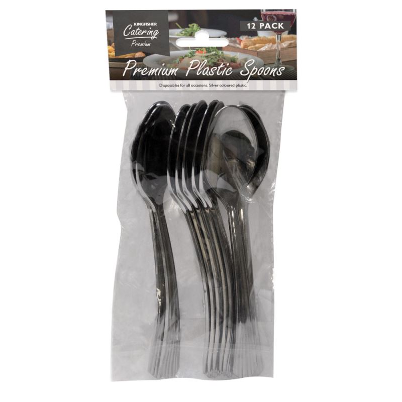 PREMIUM SILVER COLOURED PLASTIC SPOONS PACK 12. KCCK12S